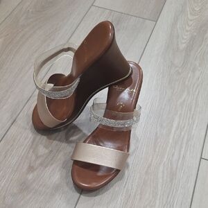 Elegant Brown and Cream Wedge Sandals
